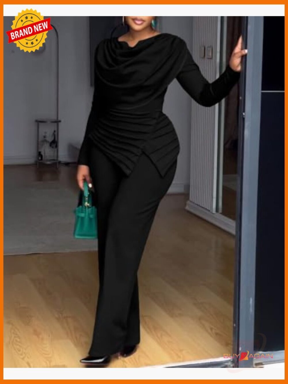 Women's Long Sleeve Jumpsuit Dressy Cowl Neck Asymmetrical Hem Back Zipper One - Picture 4 of 7